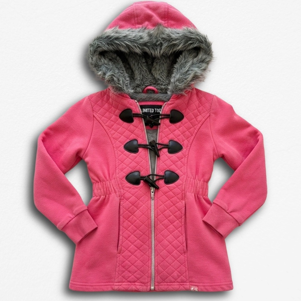 Limited Too Girls Pink Toggle Fleece Jacket Faux Fur Hood Sherpa Lined Size 7/8